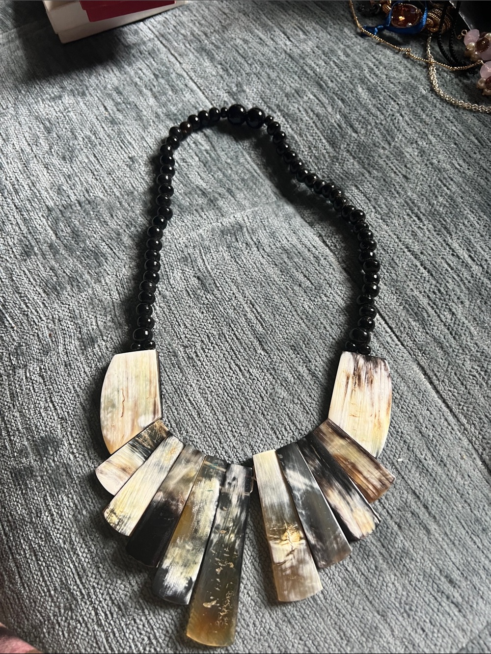 Black Beaded Necklace with Natural Shell Fan Pendants